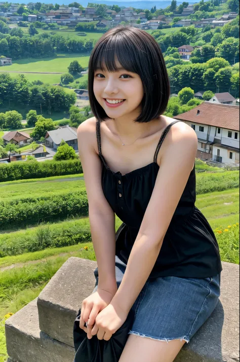 masterpiece、4K、highest quality、beautiful japanese woman、Detailed description、1 girl、23 years old、(black camisole:1.1)、bob cut、summer、rural area、Depth of bounds written、angle from above、smile、Biei town hill scenery background