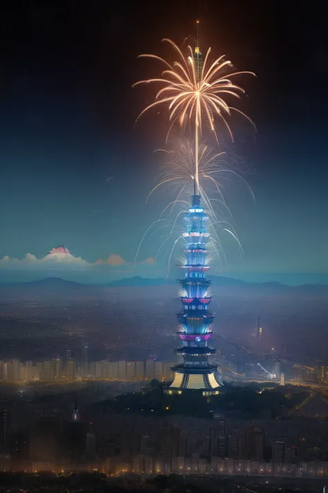 ((highest quality)), ((masterpiece)), (be familiar with), Taipei City、Taipei 101、New Year、night、firework