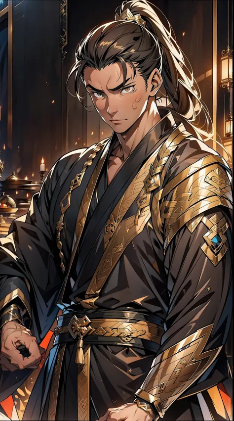 Two dimensions，anime style，one person（male warrior），proportions are correct，facial details，swordsman，high ponytail hairstyle，neck detail，Have an Adam&#39;s apple，Black and gold robe，joke，Black and gold robe，clothing details，Hand over，long sleeves，Game qual...