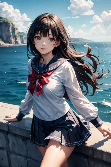 very cute and beautiful school girl viewing sea on hilltop,(highly detailed beautiful face),
(smile:1.2),(sailor school uniform,pleated navy blue mini skirt),black hair,zettai ryouiki,
(looking at sea,from top of hill),many houses with red roof,detailed la...