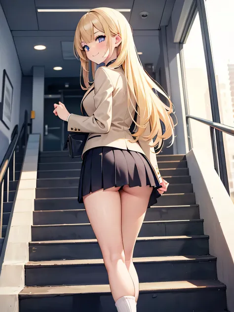 (1) Peeking at the panties from under the back of a girl climbing the stairs.
(2) her skirt is too short、Her pink lace panties are almost visible..
(3) She is wearing a uniform of a blazer, miniskirt, and loose socks..
(4) she has long blonde hair.
(5) Her...