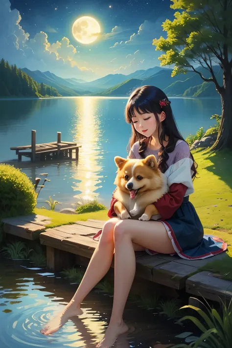 ((highest quality)), ((masterpiece)), (be familiar with), moon　lake　A woman hugging a Pomeranian　Your name is fuu illustration