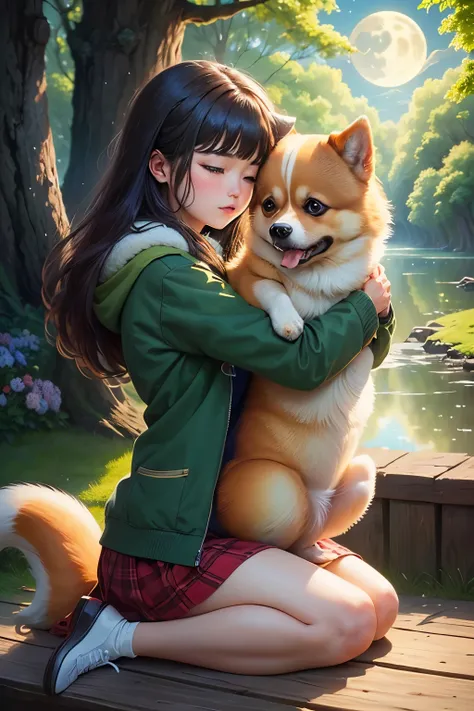 ((highest quality)), ((masterpiece)), (be familiar with), moon　lake　A woman hugging a Pomeranian　Your name is fuu illustration