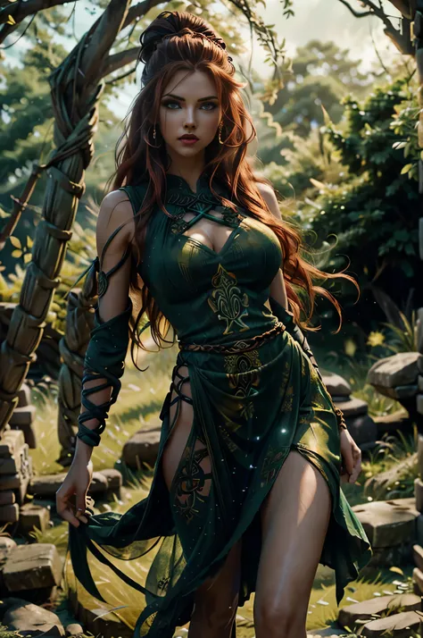 full body celtic warrior woman, stone ruins, tall and slender, huge ruby green eyes, long wave red hair, red lips, in a in a tra...