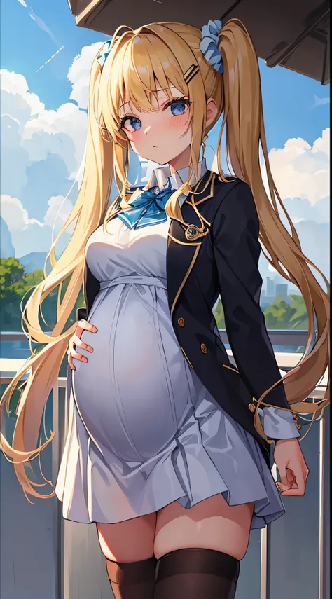 masterpiece, best quality,pregnant junior high school girl、(1girl,solo)、
blonde hair,twintails hairstyle、Scrunchie decoration on hair、Confident face、
(maternity wear,ridge knitting)、school-blazer-jacket、open jacker、
Thighhighs of black 、