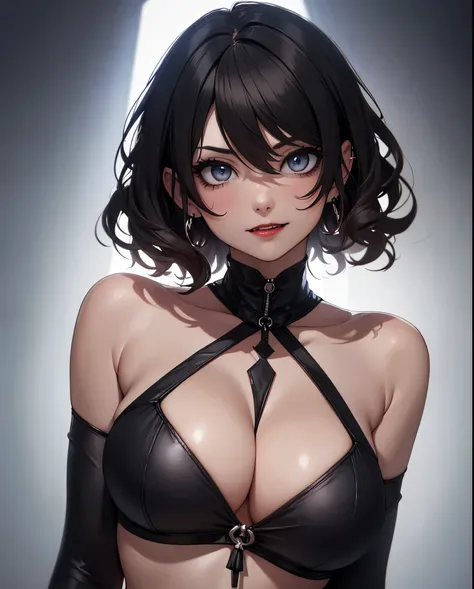 best quality,close up shot,attractive, from below,sexy,vampire woman,vampire fangs,top half of body,cleavage,chin from under, chin up, angle,red lipstick,sharp fangs,pale skin,intense gaze,detailed eyes, short hair ,white wavy hair,voluminous curls, underb...