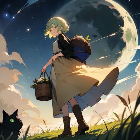 color々A witch around 25 years old who carries a large basket containing various kinds of medicinal herbs..　、beige dress、黒colorのマント、　dark brown long boots、　green eyes、　 smile　、Bluestone Pendant、night、　starry sky、　moon、buddy black cat、　　grassland　、colorとりどりの...