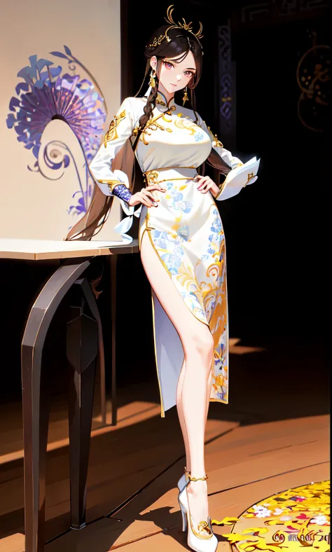 detailed background,(brown color long hair：2.0),Standing close-up,dream world,Royal sister,braid,earring,(Elongated danphoenix eyes,eye shadow,long eyelashes),Elongated danphoenix eyes,handheld fan,(Chinese cheongsam short skirt,Shredded flower cloth：2.0),...