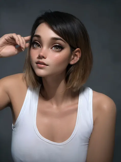 arafed woman in white tank top holding a banana in front of her head, medium portrait soft light, short brown hair and large eyes, headshot photoshoot, 7 0 mm portrait, 60mm portrait, photoshoot portrait, shot at dark with studio lights, headshot portrait,...