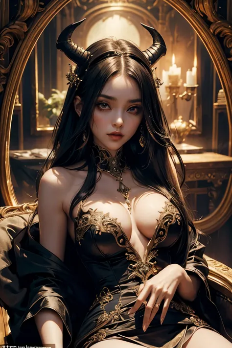 Immerse yourself in the mesmerizing world of this beautiful painting featuring a perfect female Succubus. With a slender figure and ample bosom, she exudes a captivating allure. Her shapeless long hair cascades down her back, adding to her ethereal charm. ...