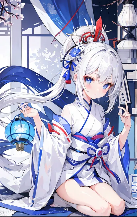 Silver-white hair，pupil，very stunning，Petite and cute little sweet girl，White blue Japanese kimono soft and waxy texture，Super cute