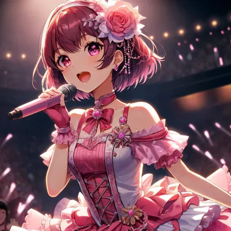 1 girl, young, human, slim, sing on stage at night, spring season, Fan with light stick in the background, BREAK bob cut, short hair, Diagonal van, Rose pink hair, BREAK cute eyes, pupil black, iris pink, BREAK idol costume, rose pink base, shiny material,...