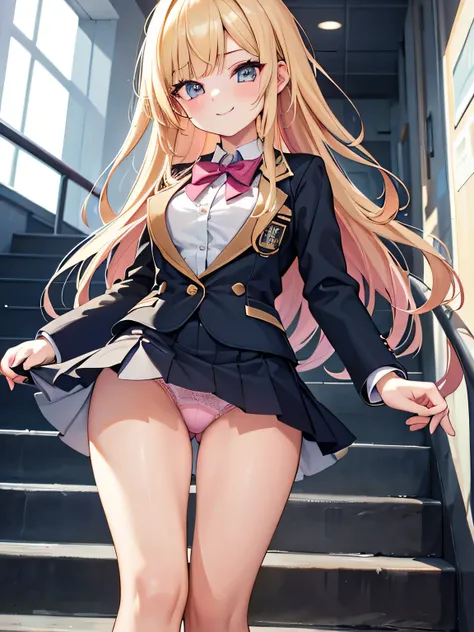 (1) Peeking at the panties from under the back of a girl climbing the stairs.
(2) her skirt is too short、Her pink lace panties are almost visible..
(3) She is wearing a uniform of a blazer, miniskirt, and loose socks..
(4) she has long blonde hair.
(5) Her...