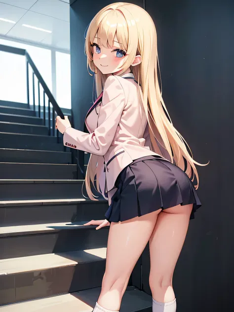 (1) Peeking at the panties from under the back of a girl climbing the stairs.
(2) her skirt is too short、Her pink lace panties are almost visible..
(3) She is wearing a uniform of a blazer, miniskirt, and loose socks..
(4) she has long blonde hair.
(5) Her...