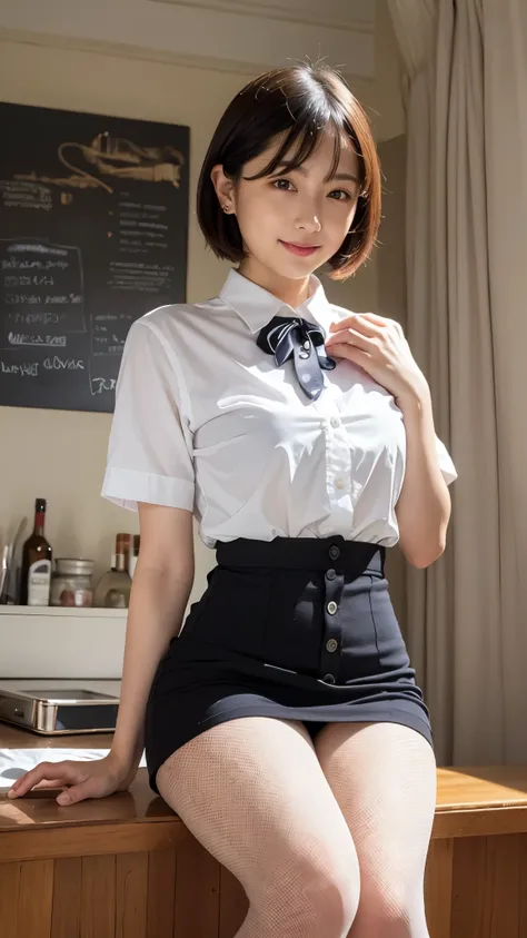 (8K, highest quality, masterpiece:1.2), (actual, realistic:1.37), Super detailed, 
1 girl,Lovely, alone,beautiful and detailed sky,Cafe details,sitting,obsolete,(smile:1.15),(please keep your mouth shut) small breasts,beautiful and delicate eyes,(collared ...