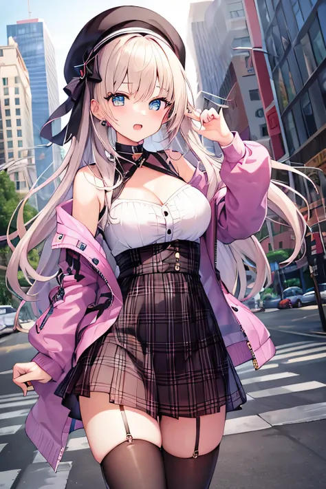 masterpiece、Highest image quality、ultra high resolution、Hatsune Miku、twin tails、red face、shyly、mock、Please open your mouth just a little、Casual clothes that show cleavage、casual miniskirt、thigh high socks、girl wearing a beret、Skyscraper、outdoor