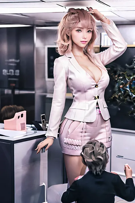 (absurd, High resolution, Super detailed), 1 girl, alone, very fine eyes, (official art, beauty and aesthetic: 1.2), (fractal art: 1.3), White-pink color scheme, most detailed, (minigts),(minigiantess), office lady suit, crowd, head touching ceiling, size ...