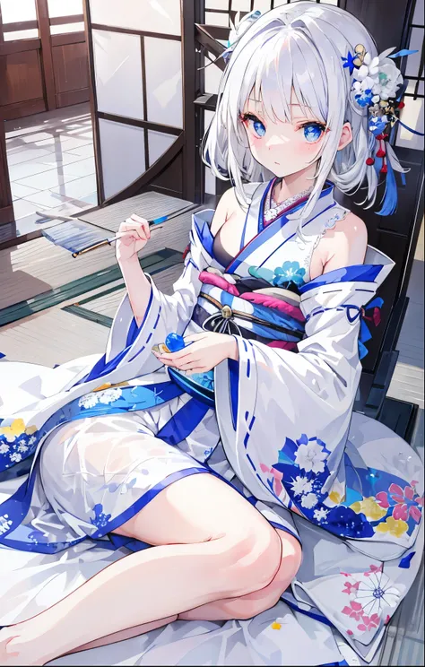 Silver-white hair，pupil，very stunning，Petite and cute little sweet girl，White blue Japanese kimono soft and waxy texture，Super cute