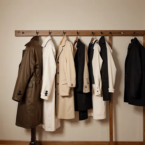 The finished coat rack against the wall, styled with coats and accessories