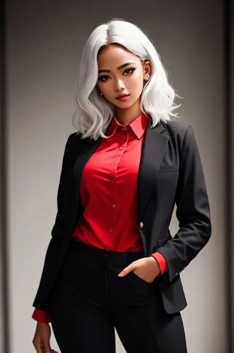 Best quality, masterpiece, high resolution, 1 young black woman, dressed in black choir pants and jacket,red blouse,white hair, beautiful face, physique, Tyndall effect, realistic, dark studio, rim lighting, duotone lighting, (high detail skin: 1.2), 8k uh...