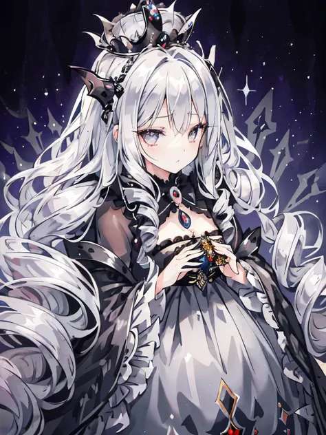 girl,((fluffy silver hair)),((drill curl long hair)),((tied loosely:1.2)),((A jet black crown and a black veil:1.2)),((noble atmosphere)),condescending face,cute,close up of face,(crown background:1.3),((emperor of darkness:1.4)),((Luxurious, dark and gorg...