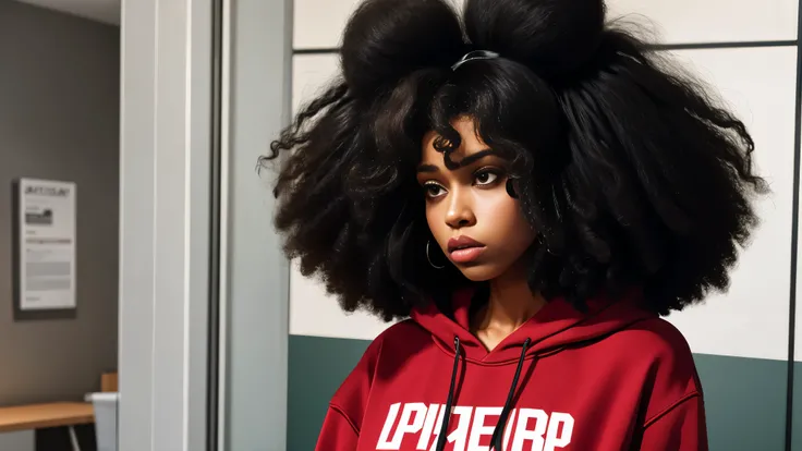  a lady with a big afro hair, wearing sweatshirt