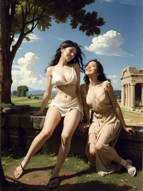 full body portrait,Ancient Roman ruins,Poussin-style landscape,A smile,,Sweet and seductive appearance.、Caravaggios paintings、Chiaroscuro of Caravaggio、Hair disheveled in the wind,Two women frolicking,Cute smile, Expression of ecstasy,A sexy,Erotic