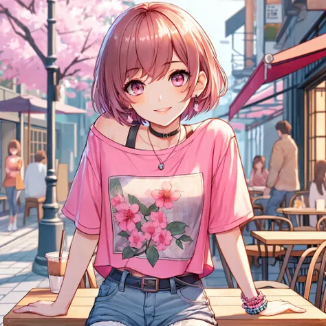 1 girl, young, human, slim, BREAK bob cut, short hair, Diagonal van, Rose pink hair, BREAK cute eyes, pupil black, iris pink, BREAK casual style, Bright pink top with unique print, denim shorts, high waist, holds a smart phone in one hand, Place your other...