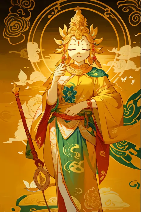 anthro, furry, contented female bodhisattva, guanyin of the southern seas, Serene expression, standing on a lotus, goddess of love and peace, attractive male deity, the non-binary deity of spring, goddess of nature shui mo hua, Buddha, Buddhist, Lotus, Chi...