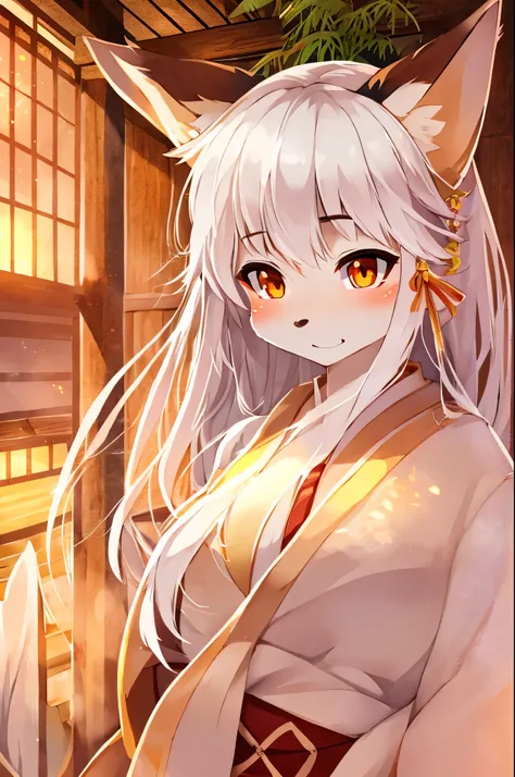 solo, Female, fox, kitsune, white fur, red face markings, white body, white hair, long hair, red and orange eyes, long lashes, attractive face, multiple tails, red tips on tails, lithe body, average body, lean body, white kimono, red and gold elements to k...