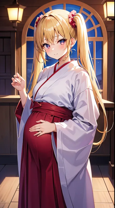 masterpiece, best quality,pregnant junior high school girl、(1girl,solo)、tsurime、
blonde hair,twintails hairstyle、Scrunchie decoration on hair、Confident face、
red hakama, white japanese clothes、
shine maiden outfit、sacred atmosphere、