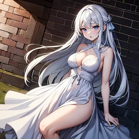 (masterpiece), 1girl, solo, best quality, expressive eyes, perfect face, very long hair, white hair BREAK pale skin, white dress BREAK brick wall, cleavage, large breasts, slim body, :o, looking down, sad, tears, standing 