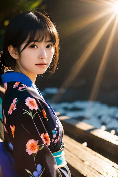 20-year-old Japanese supermodel girl，black hair，bright kimono，Japanese seaside background，a ray of light，Beautiful facial lighting，Photographed by Yui Aragaki，6 o&#39;clock