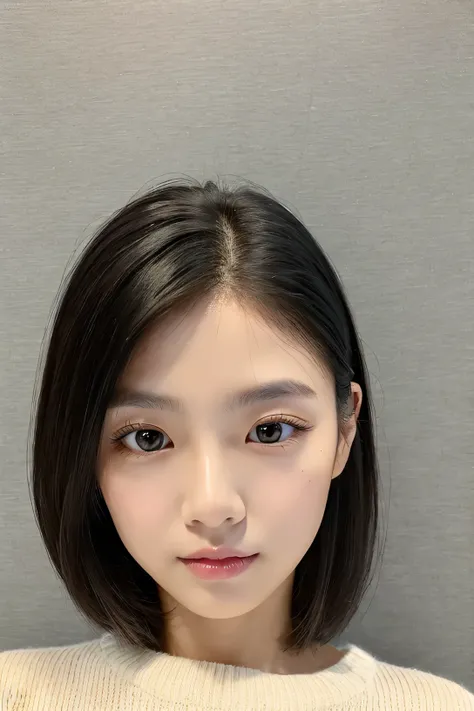 woman, super detailed face, droopy eyes, double eyelid, short hair、black hair、No bangs、clear eyes、knit sweater、Glossy skin, small head、whole body