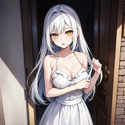 (masterpiece), 1girl, solo, best quality, expressive eyes, perfect face, very long hair, white hair BREAK yellow eyes BREAK pale skin, white dress BREAK brick wall, cleavage, large breasts, slim body, :o, looking down, sad, tears, standing, sleeveless dres...