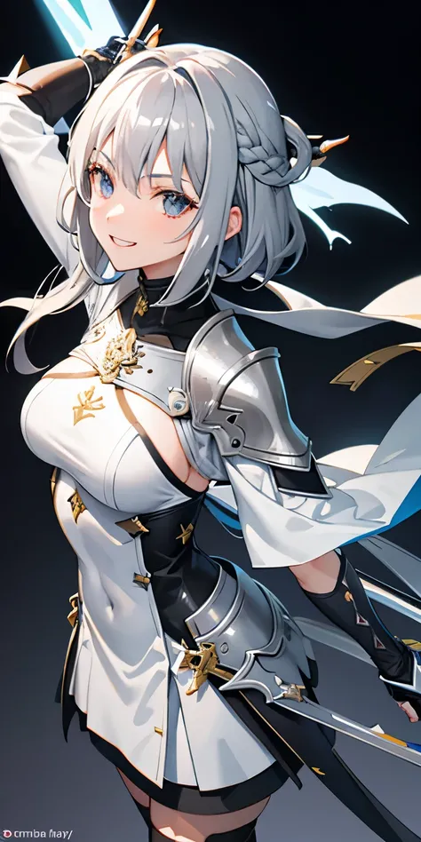 girl　gray hair　knight　Sword Pointed at　Smile with your teeth out　