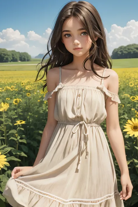 Man with brown slightly curly shoulder-length hair and green eyes, young girl with dark hair and gray eyes in a summer dress, background summer landscape