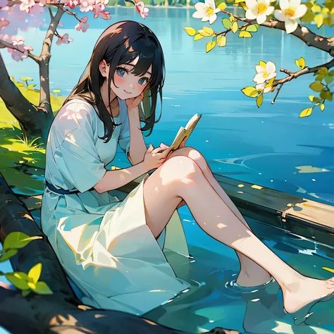 girl reading a book by the lake, bright colors, spring, willow branches, comfort, warm sunshine、naked、Erotic