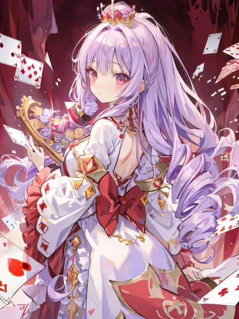 girl,((fluffy light purple hair)),((drill curl long hair)),((all back:1.2)),((A red veil on a crimson crown:1.2)),((noble atmosphere)),admiring face,cute,close up of face,(crown background:1.3),((emperor of red playing cards:1.4)),((luxurious and gorgeous ...