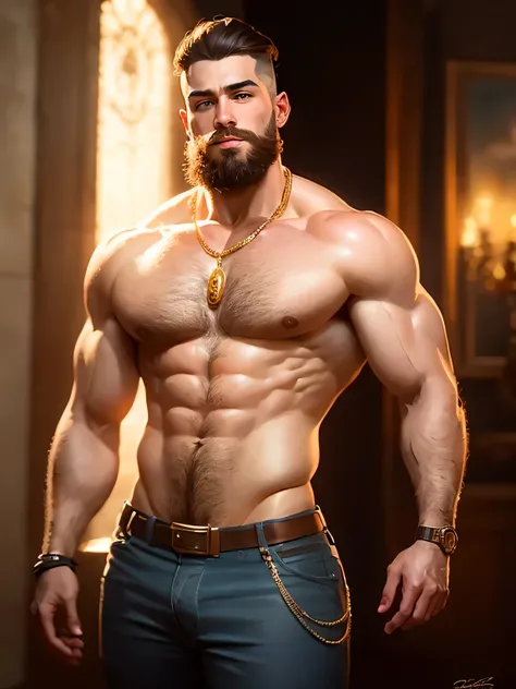 ((best quality)), ((masterpiece)), (detailed), priapus, 1boy, lean muscular body, greek temple room, renaissance, short black hair, handsome masculine face, facial hairy, beard, detailed eyes, muscular chest, (narrow waist), hairy chest, pubic hair, hairy ...