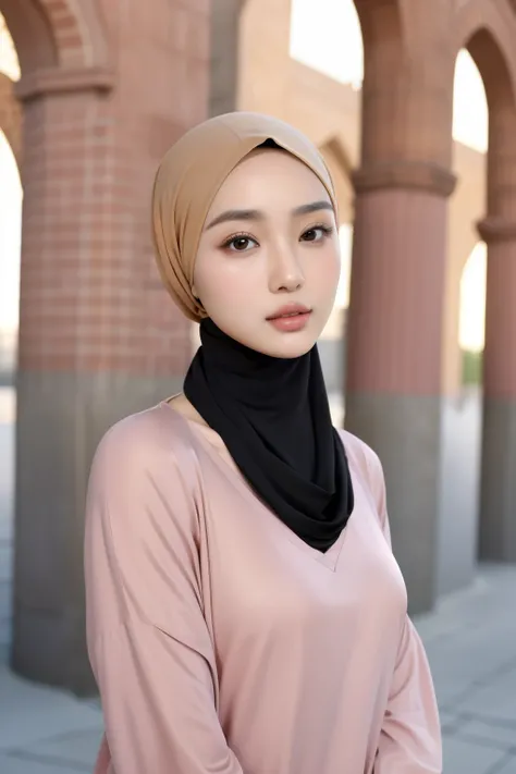 (masterpiece),(very detailed),a half body of a asian woman wearing a hijab and a black and pink shirt, beautiful aesthetic face, her skin is light brown, mosque background, girl cute-fine-face, attractive female face!!!, with accurate face, attractive beau...