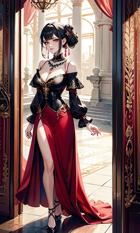 palace background,Red curtain,(Dark blue color curly short hair：2.0),british palace bun,Standing close-up,dream world,Royal sister,(Elongated danphoenix eyes,eye shadow,long eyelashes),Elongated danphoenix eyes,eye shadow,Contact lenses,Jade necklace,(Off ...