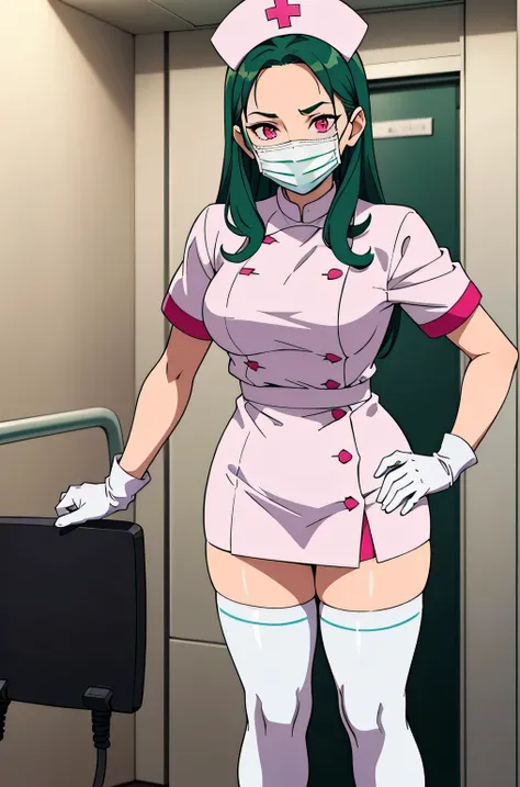 1 female, alone, nurse, nurse cap, Whiteware, ((white legwear, zettai ryouiki)), white gloves, amount, long hair, green hair, pink eyes, ((white surgical mask, Covered nose)), Are standing, ((hospital room)), sharp outline, short sleeve, mature woman, 35 y...