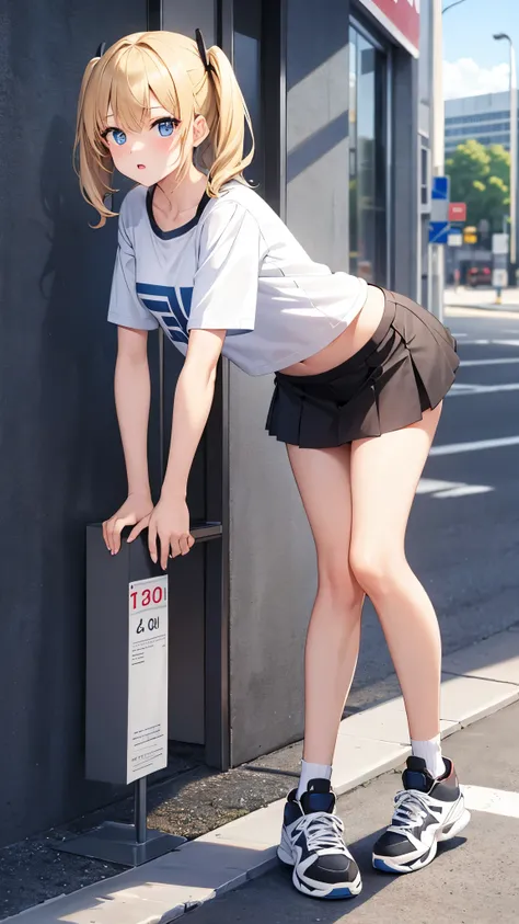 Girl, short twintail hair, blonde hair, blue eyes, cute girl, hot girl, t-shirt, black mini skirt, Jordan shoes, city