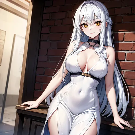 (masterpiece), 1girl, solo, best quality, expressive eyes, perfect face, very long hair, white hair BREAK yellow eyes BREAK pale skin, white dress BREAK brick wall, cleavage, large breasts, slim body, :), light smile, looking at viewer, standing, sleeveles...