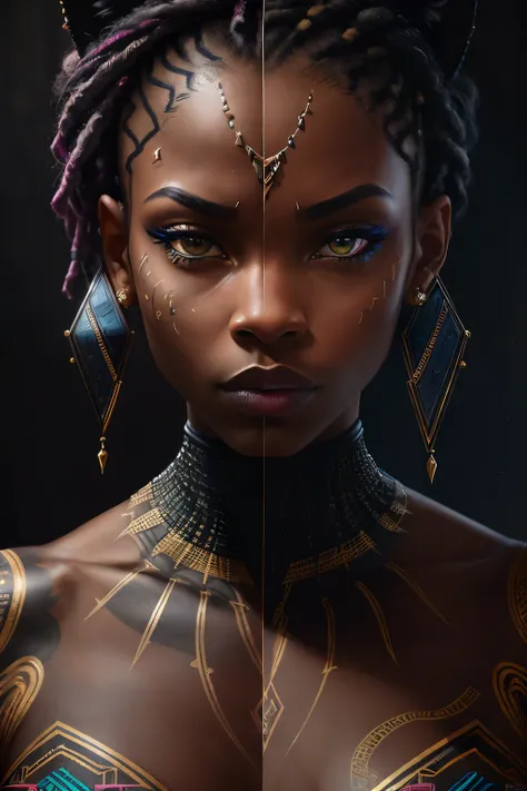 A stunning portrait of a female dressed as BLACK PANTHER emerges, showcasing intricate tattoos that adorn her visible full body. With a commanding gaze directed at the viewer, the image captures the essence of strength and intensity. The photography techni...