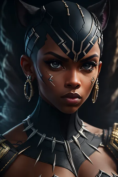 A stunning portrait of a female dressed as BLACK PANTHER emerges, showcasing intricate tattoos that adorn her visible full body. With a commanding gaze directed at the viewer, the image captures the essence of strength and intensity. The photography techni...