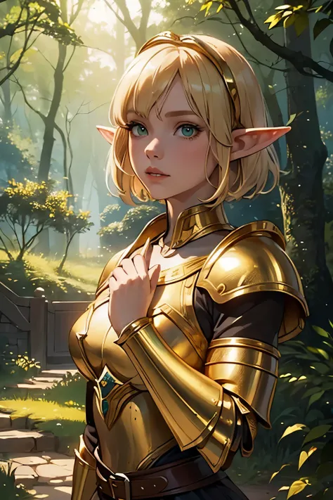 (1Girl, Elf, Short blonde hair, frenckles, beautiful, ((wearing (Golden), medieval light armor)), green eyes), (in a forest, ((looking at pov)))