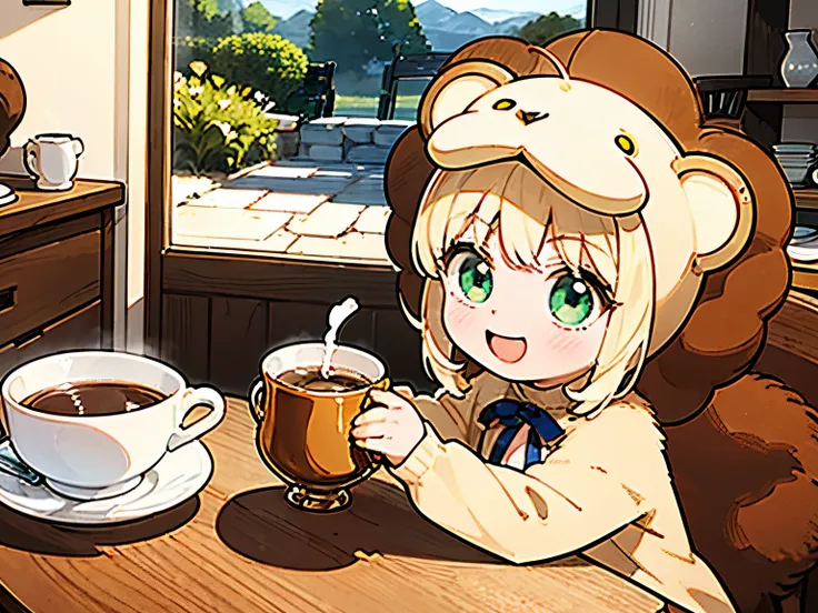 lionelle, an 8-year-old in a saberlion cosplay, exudes joy while sipping coffee in a cozy, modest kitchen. her bright green eyes...