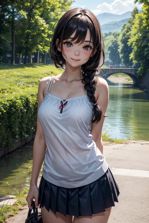 very cute and beautiful girl,(very detailed美しい顔), white camisole,Are standing,Cowboy shot BREAK (smile:1.2),Happy,looking at the viewer,(blue pleated mini skirt:1.2),skirt lift,(white panties), rural area,along the narrow river,bridge,wood,summer,detailed ...